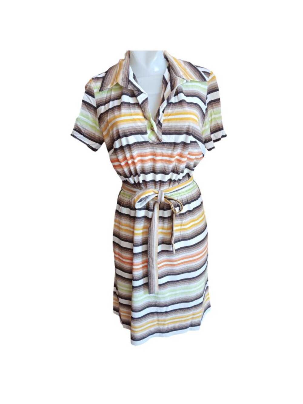 True Vintage Boho Dress sz 8 1970's Flair Fashions Striped Belted Short Sleeve